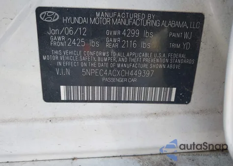 2012 Hyundai Sonata Limited z USA, uszkodzony, nr VIN 5NPEC4ACXCH449397